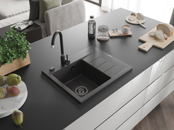 Mexen Ben Granitspüle 1-Becken mit linken Abtropffläche 600 x 500 mm, schwarz gesprenkelt, schwarzer Siphon - 6522605000-76-B