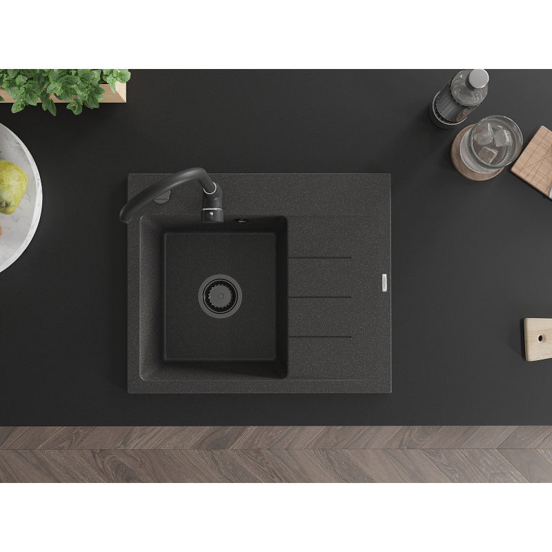 Mexen Ben fregadero de granito de 1 cubeta con escurridor, izquierdo 600 x 500 mm, negro moteado, sifón negro - 6522605000-76-B