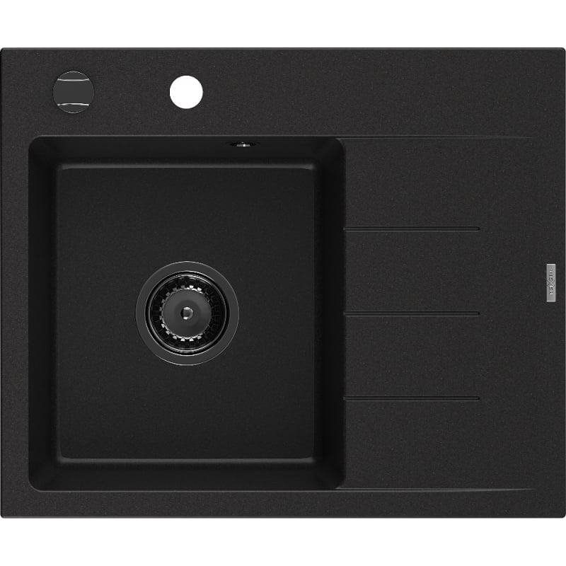 Mexen Ben granite sink with 1 chamber and drainer, left 600 x 500 mm, black, black siphon - 6522605000-77-B