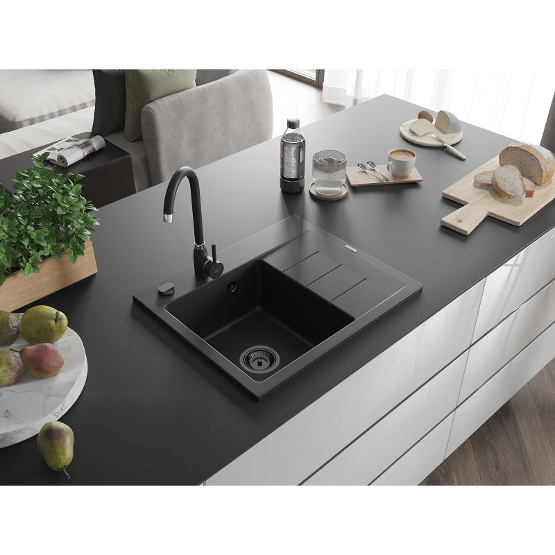 Mexen Ben granitische spoelbak 1-kompartment met afdruiprek, links 600 x 500 mm, zwart, zwarte sifon - 6522605000-77-B