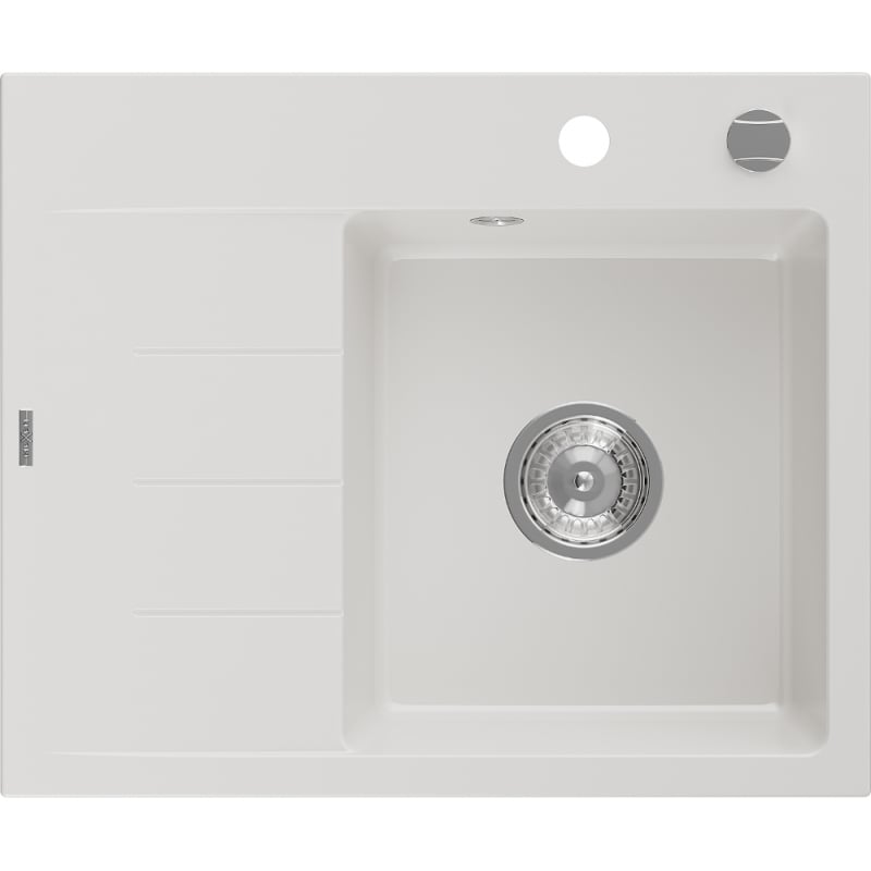 Mexen Ben 1-bowl granite sink with drainer, right 600 x 500 mm, white, chrome siphon - 6523605000-20