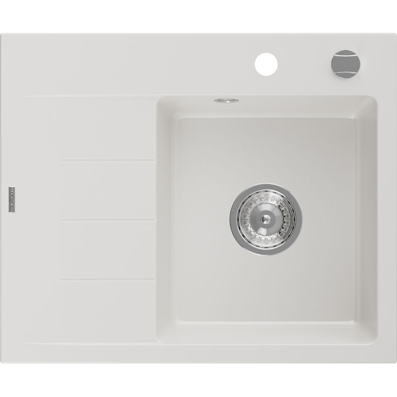 Mexen Ben fregadero de granito de 1 tazón con escurridor, derecho 600 x 500 mm, blanco, sifón cromado - 6523605000-20