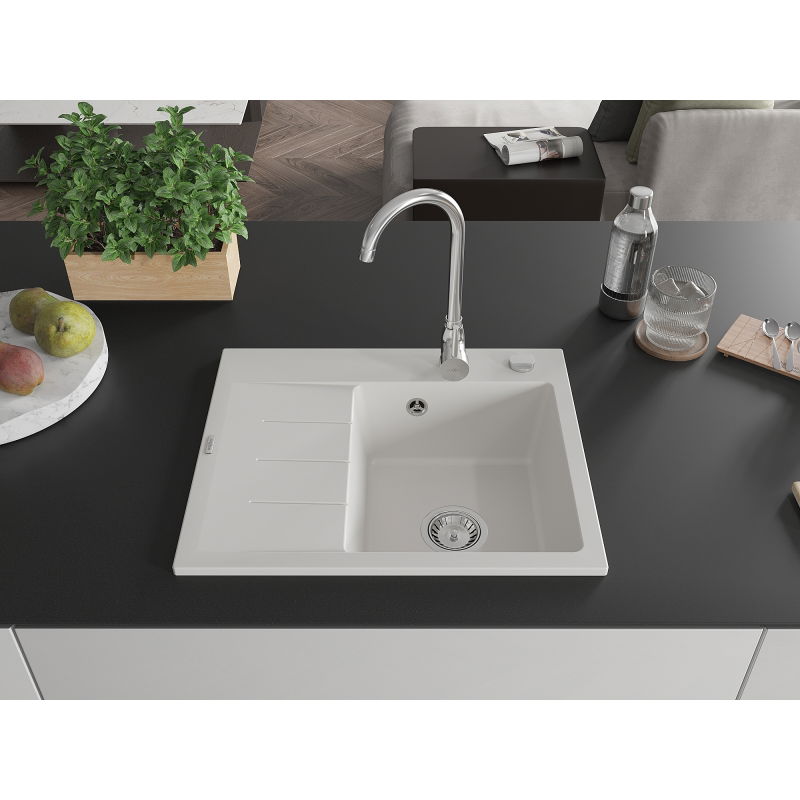 Mexen Ben 1-bowl granite sink with drainer, right 600 x 500 mm, white, chrome siphon - 6523605000-20
