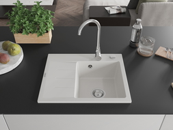 Mexen Ben granieten spoelbak 1-komerig met rechter afdruipvlak 600 x 500 mm, wit, chromen sifon - 6523605000-20