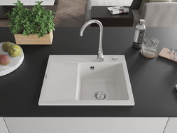 Mexen Ben Granitspüle 1-becken mit Abtropffläche rechts 600 x 500 mm, weiß, Siphon Chrom - 6523605000-20