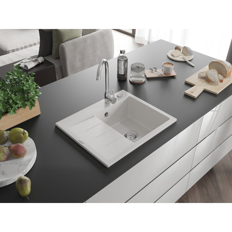 Mexen Ben évier en granit 1 bac avec égouttoir, droit 600 x 500 mm, blanc, siphon chromé - 6523605000-20