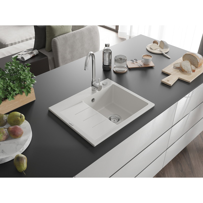 Mexen Ben Granitni sudoper s jednom komorom i ocjednom, desni 600 x 500 mm, bijeli, kromirani sifon - 6523605000-20