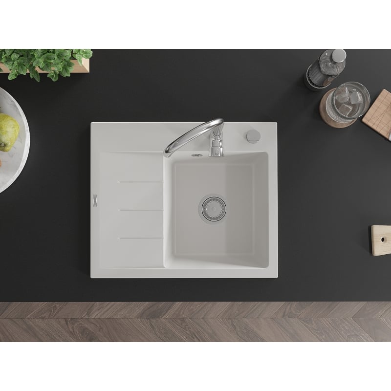 Mexen Ben évier en granit 1 bac avec égouttoir, droit 600 x 500 mm, blanc, siphon chromé - 6523605000-20