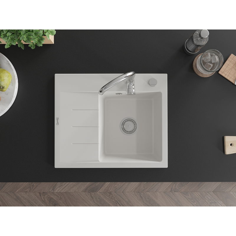 Mexen Ben lavello in granito 1-vasca con sgocciolatoio, destro 600 x 500 mm, bianco, sifone cromato - 6523605000-20