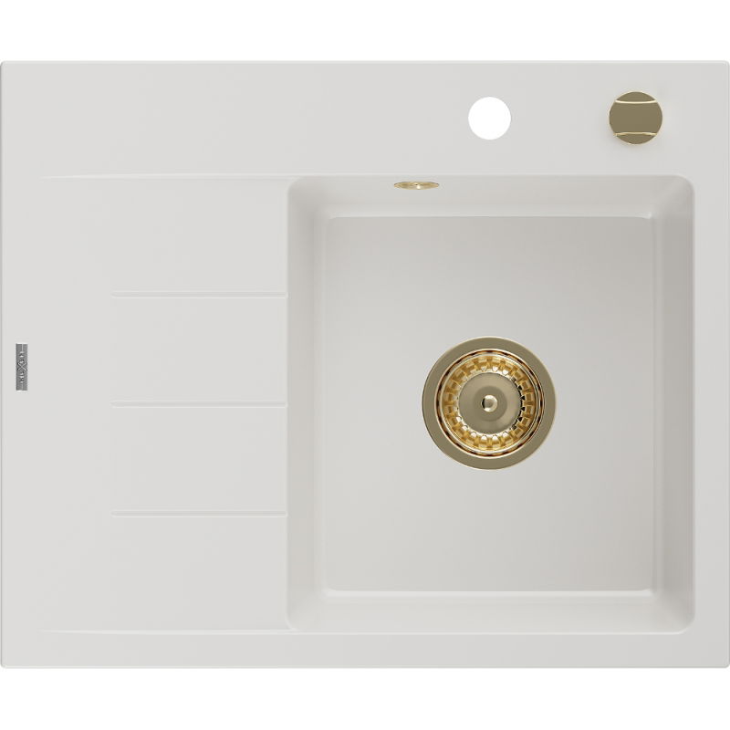 Mexen Ben granitdiskho 1-skål med avrinningsyta, höger 600 x 500 mm, vit, guld siphon - 6523605000-20-G