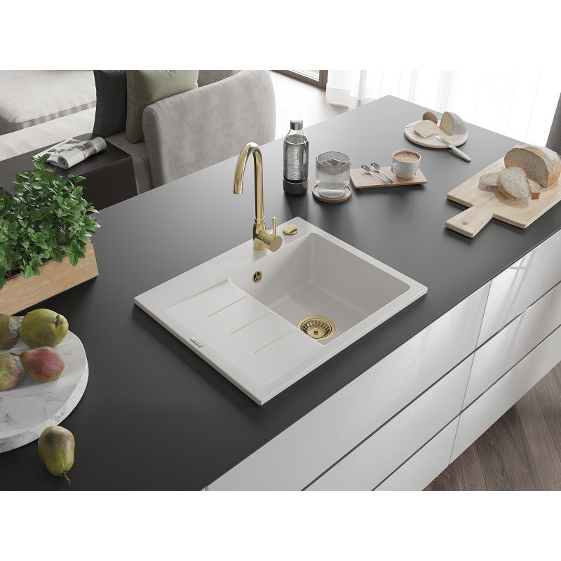 Mexen Ben Granittenkopp 1-Kummer mat dripch, riets 600 x 500 mm, wäiss, Gold Siphon - 6523605000-20-G