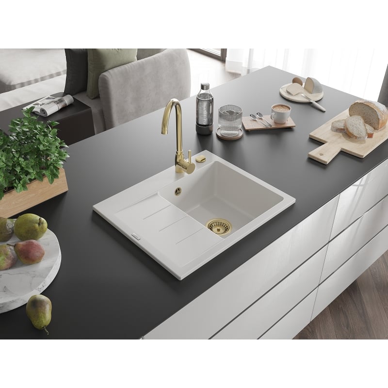 Mexen Ben lava-louça de granito de 1 cuba com escorredor, direito 600 x 500 mm, branco, sifão dourado - 6523605000-20-G