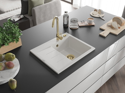 Mexen Ben Granitspüle 1-Kammer mit Ablagefläche rechts 600 x 500 mm, weiß, goldener Siphon - 6523605000-20-G