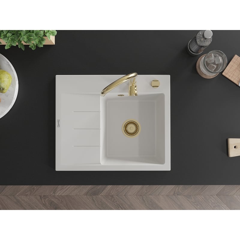 Mexen Ben Granitspüle 1-beckig mit Abtropffläche, rechts 600 x 500 mm, weiß, Siphon gold - 6523605000-20-G