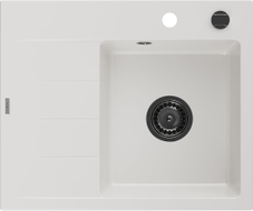 Mexen Ben granitni sudoper s 1 komorom s ocjednom, desni 600 x 500 mm, bijeli, crni sifon - 6523605000-20-B
