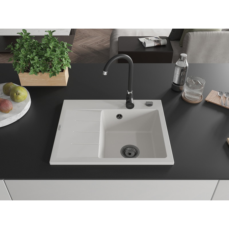 Mexen Ben zlewozmywak granitowy 1-komorowy z ociekaczem, prawy 600 x 500 mm, biały, syfon czarny - 6523605000-20-B