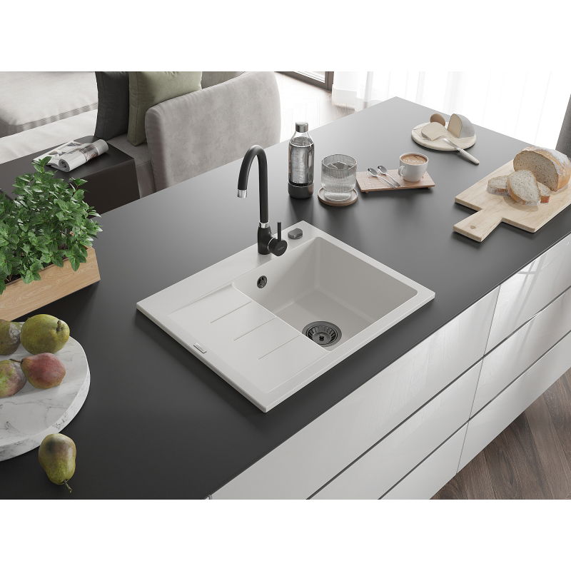 Mexen Ben granitdiskbänk 1-fack med avrinningsyta, höger 600 x 500 mm, vit, svart avloppsset - 6523605000-20-B