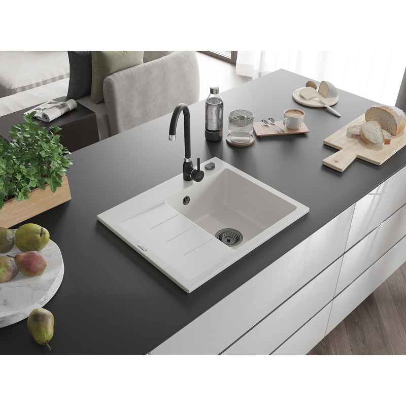 Mexen Ben zlewozmywak granitowy 1-komorowy z ociekaczem, prawy 600 x 500 mm, biały, syfon czarny - 6523605000-20-B