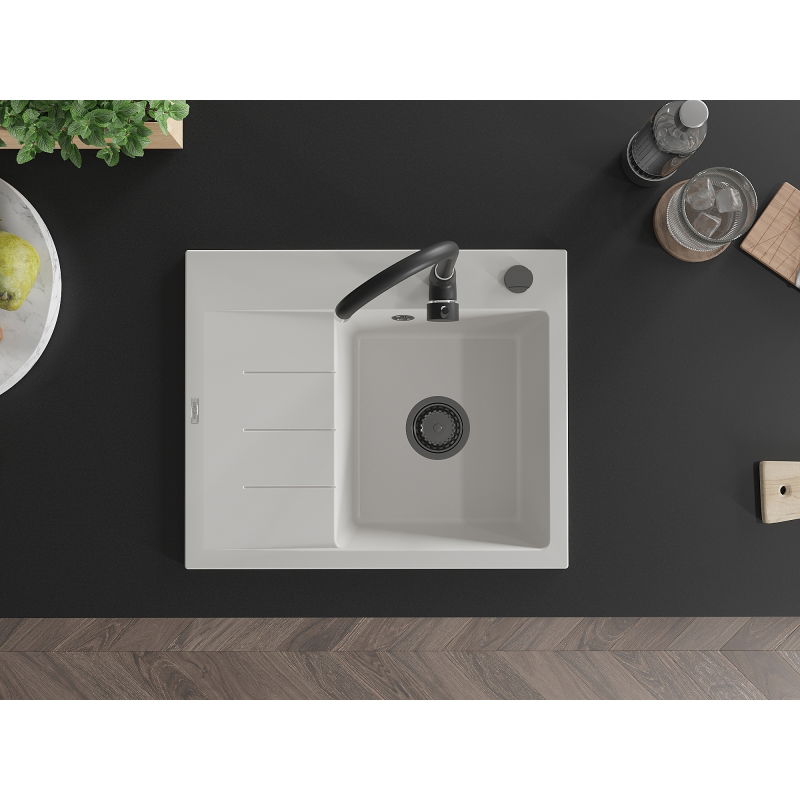 Mexen Ben lavello in granito a 1 vasca con sgocciolatoio, destro 600 x 500 mm, bianco, sifone nero - 6523605000-20-B