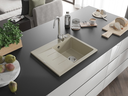 Mexen Ben Granitspüle ein Becken mit Abtropffläche rechts 600 x 500 mm, beige, Chromsiphon - 6523605000-69