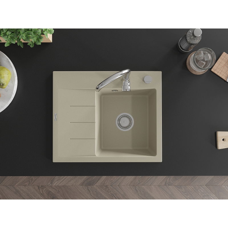 Mexen Ben fregadero de granito de 1 cubeta con escurridor, derecho 600 x 500 mm, beige, sifón cromado - 6523605000-69