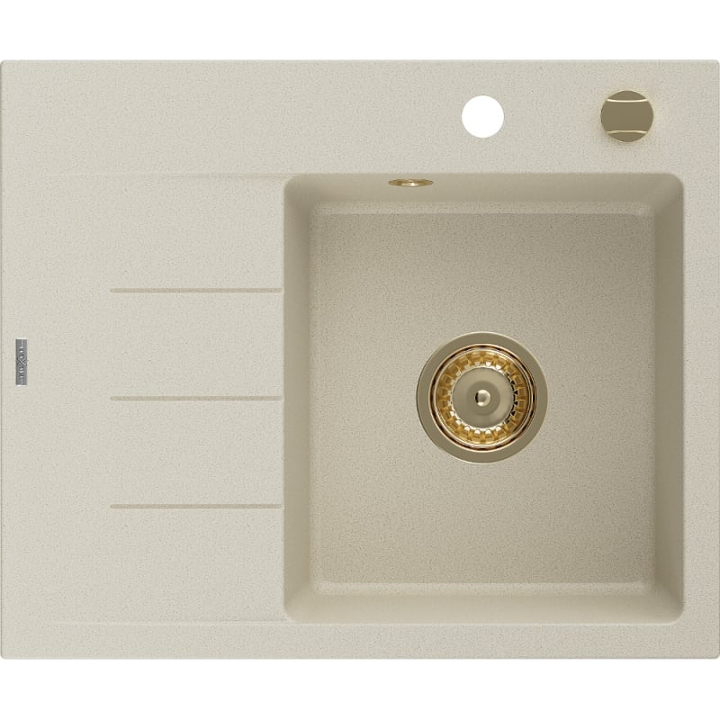 Mexen Ben Granitspüle 1-beckig mit Abtropffläche rechts 600 x 500 mm, beige, goldener Siphon - 6523605000-69-G