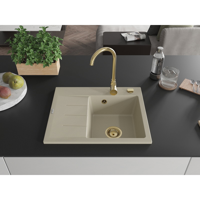 Mexen Ben zlewozmywak granitowy 1-komorowy z ociekaczem, prawy 600 x 500 mm, beżowy, syfon złoty - 6523605000-69-G