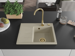 Mexen Ben granieten gootsteen 1-kom met druiprek rechts 600 x 500 mm, beige, gouden sifon - 6523605000-69-G