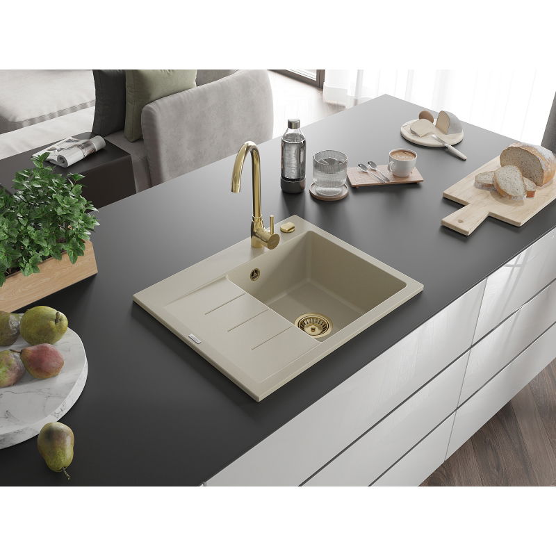 Mexen Ben fregadero de granito de 1 seno con escurridor, derecho 600 x 500 mm, beige, sifón dorado - 6523605000-69-G