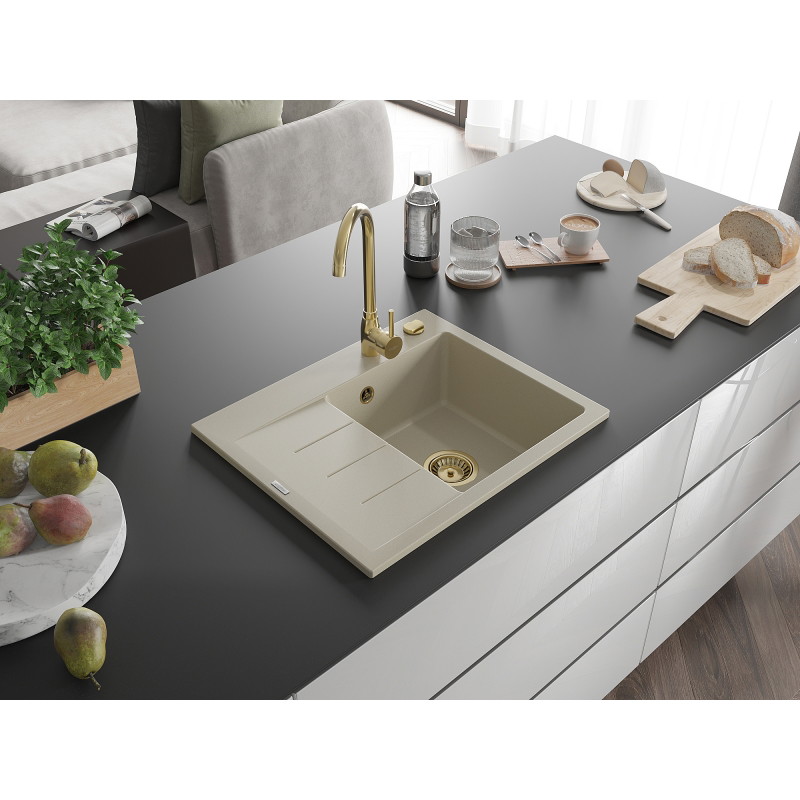 Mexen Ben zlewozmywak granitowy 1-komorowy z ociekaczem, prawy 600 x 500 mm, beżowy, syfon złoty - 6523605000-69-G