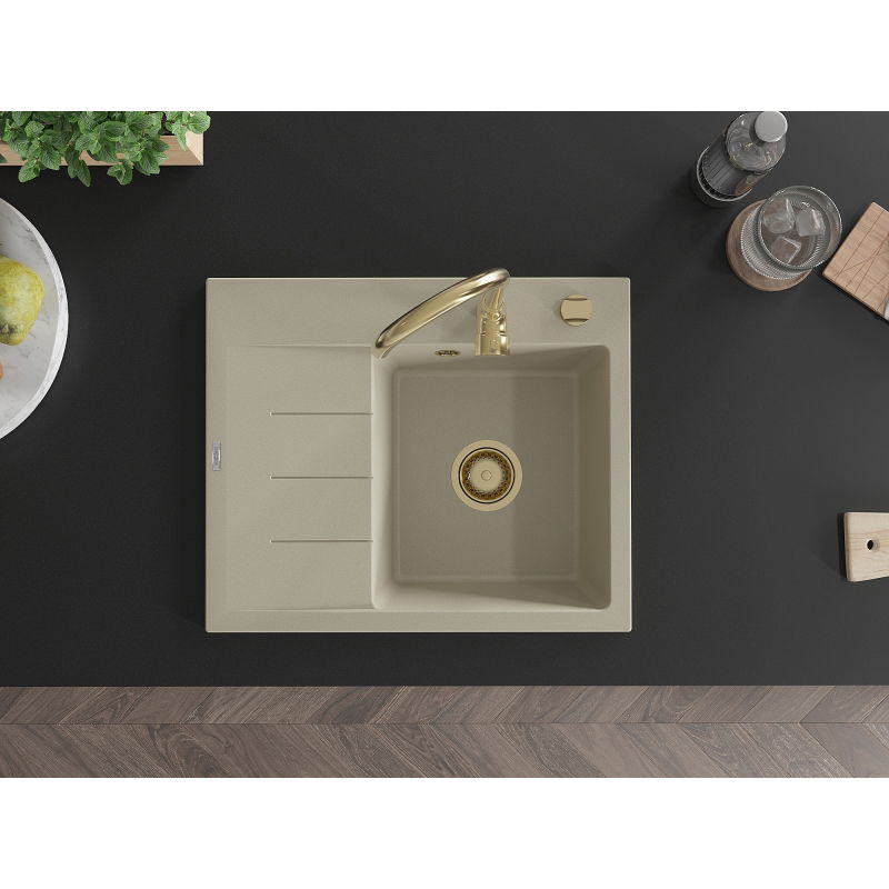 Mexen Ben Granit Schaftmat 1-Kummer mat Oflaaf, riiets 600 x 500 mm, beige, Siphon gëllen - 6523605000-69-G