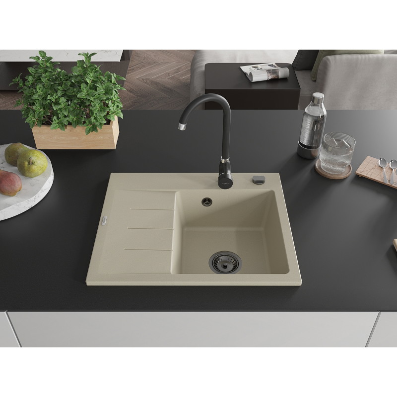 Mexen Ben zlewozmywak granitowy 1-komorowy z ociekaczem, prawy 600 x 500 mm, beżowy, syfon czarny - 6523605000-69-B