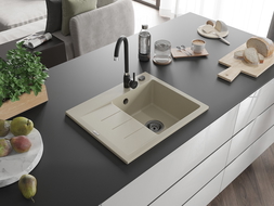 Mexen Ben Granitspüle 1-beckig mit Abtropffläche rechts 600 x 500 mm, beige, schwarzer Siphon - 6523605000-69-B