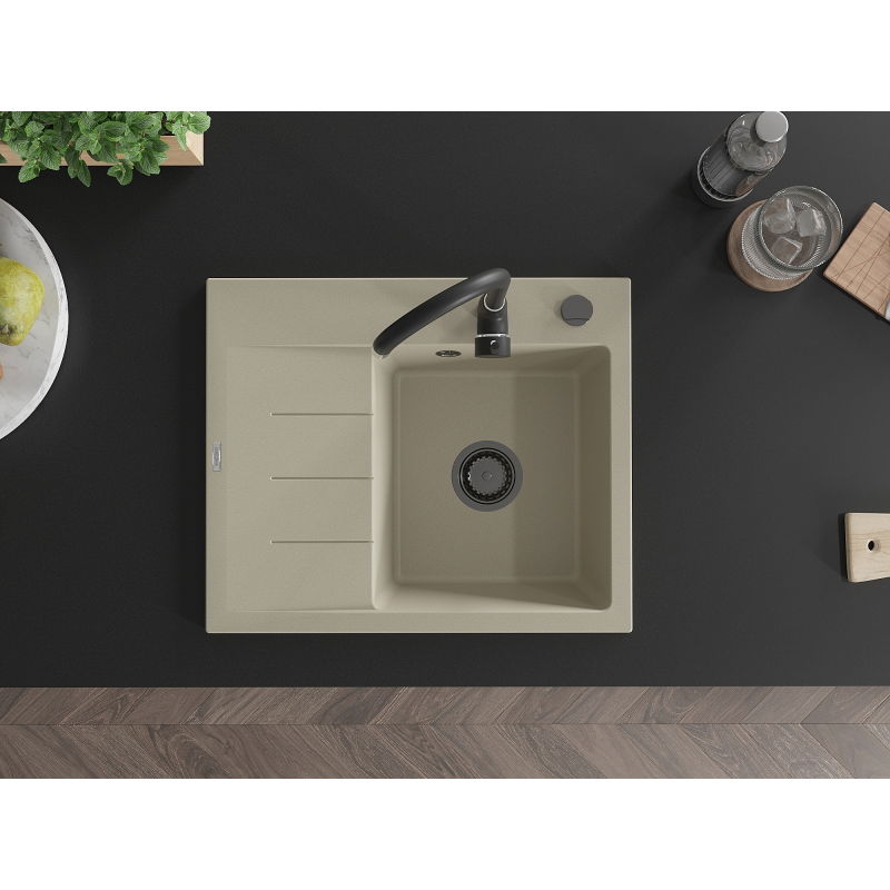 Mexen Ben fregadero de granito de 1 cubeta con escurridor, derecho 600 x 500 mm, beige, sifón negro - 6523605000-69-B