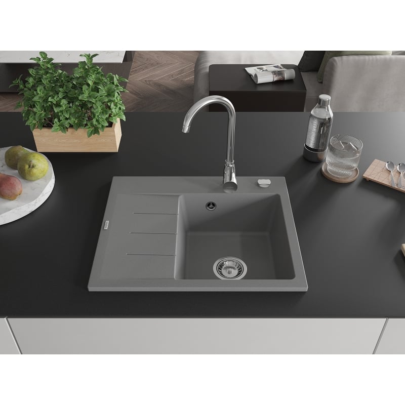 Mexen Ben granite kitchen sink 1-bowl with drainer, right 600 x 500 mm, gray, chrome siphon - 6523605000-71