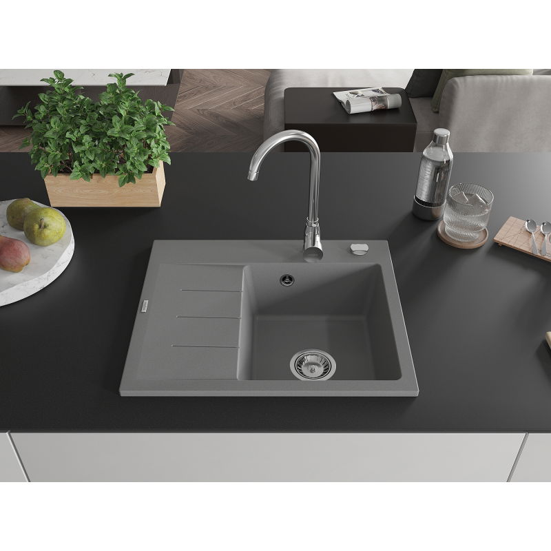 Mexen Ben lavello in granito a 1 vasca con gocciolatoio, destro 600 x 500 mm, grigio, sifone cromato - 6523605000-71