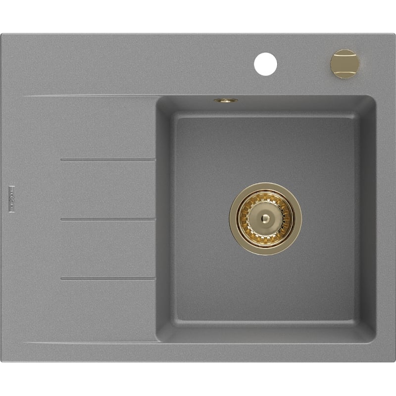 Mexen Ben Granitspüle 1-Becken mit rechter Abtropffläche 600 x 500 mm, grau, goldener Siphon - 6523605000-71-G