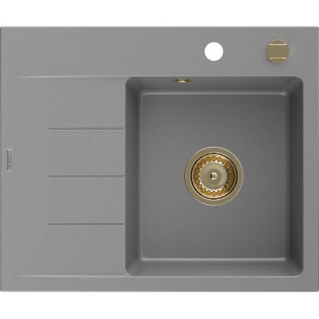 Mexen Ben ühekambriline graniitköögivalamu äravoolupinnaga, parempoolne 600 x 500 mm, hall, kuldne sifoon - 6523605000-71-G