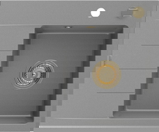 Mexen Ben 1-Kammer-Granitzwischenbecken mit Abtropffläche, rechts 600 x 500 mm, grau, goldener Siphon - 6523605000-71-G