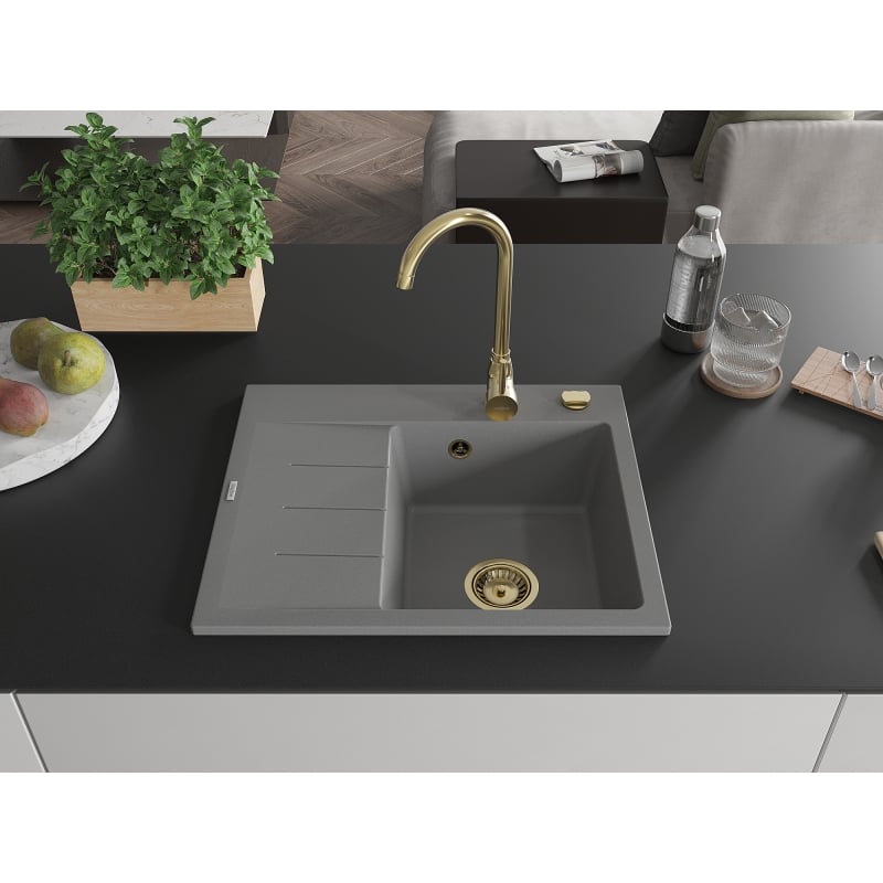 Mexen Ben graniittinen yksialtainen tiskiallas kuivausalueella, oikea 600 x 500 mm, harmaa, kultainen sihti - 6523605000-71-G