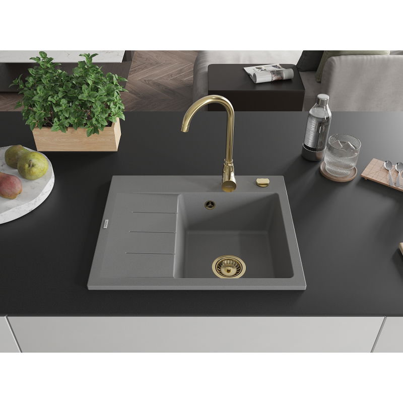 Mexen Ben granit gootsteen 1-kamerig met afdruiprek, rechts 600 x 500 mm, grijs, gouden sifon - 6523605000-71-G