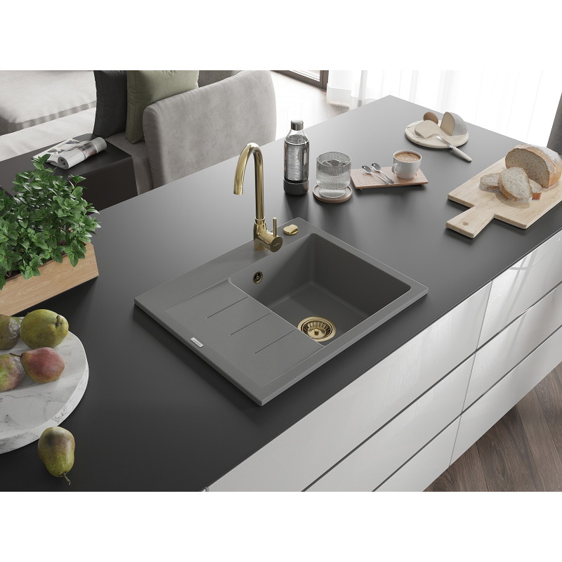 Mexen Ben 1-bowl granite sink with drainer, right 600 x 500 mm, gray, gold siphon - 6523605000-71-G