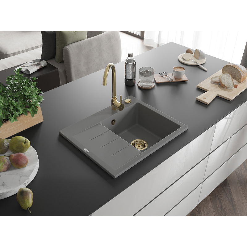 Mexen Ben lava-louça de granito de 1 cuba com escorredor, direito 600 x 500 mm, cinzento, sifão dourado - 6523605000-71-G