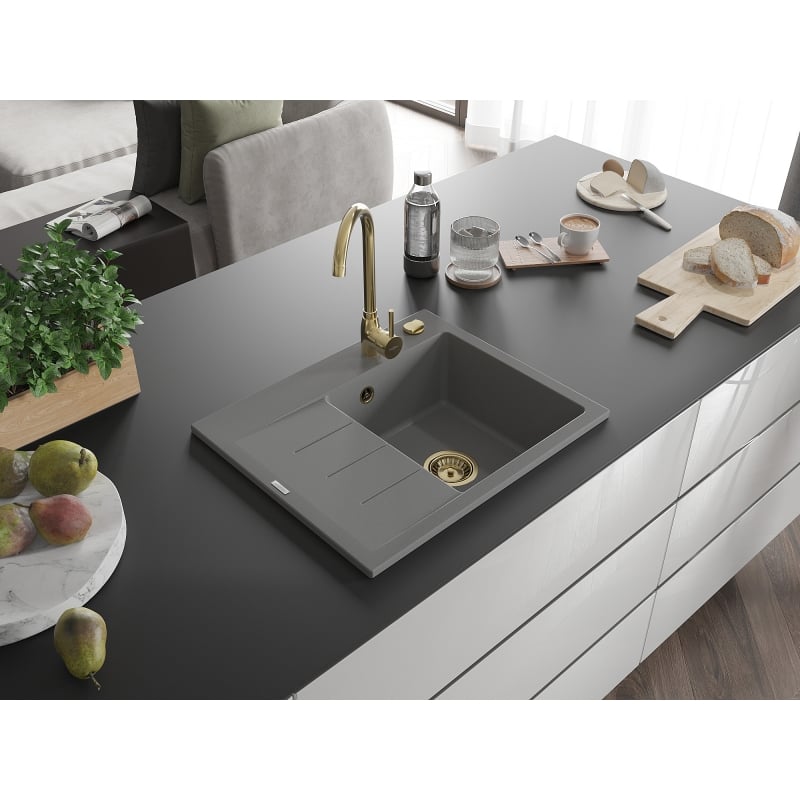 Mexen Ben zlewozmywak granitowy 1-komorowy z ociekaczem, prawy 600 x 500 mm, szary, syfon złoty  - 6523605000-71-G