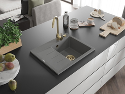 Mexen Ben Granitspüle 1-Becken mit rechter Abtropffläche 600 x 500 mm, grau, goldener Siphon - 6523605000-71-G
