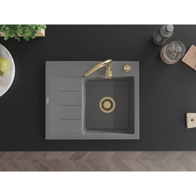 Mexen Ben granit gootsteen 1-kamerig met afdruiprek, rechts 600 x 500 mm, grijs, gouden sifon - 6523605000-71-G