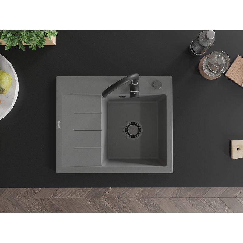 Mexen Ben lavello in granito a una vasca con scolapiatti, destro 600 x 500 mm, grigio, sifone nero - 6523605000-71-B