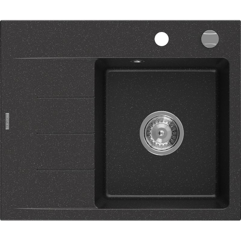 Mexen Ben zlewozmywak granitowy 1-komorowy z ociekaczem, prawy 600 x 500 mm, czarny/srebrny metalik, syfon chrom - 6523605000-73