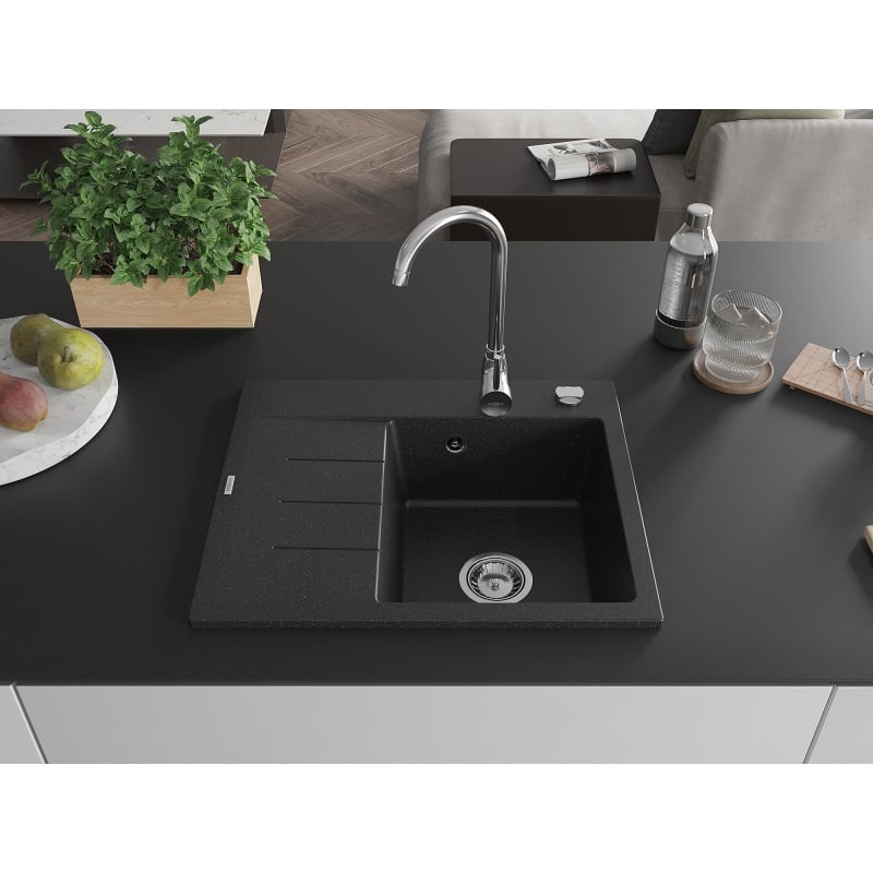 Mexen Ben Évier en granit 1 bac avec égouttoir, droit 600 x 500 mm, noir/argent métallisé, siphon chromé - 6523605000-73