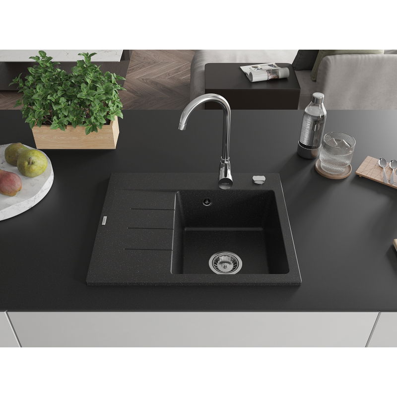 Mexen Ben granite sink 1-bowl with drainer, right 600 x 500 mm, black/silver metallic, chrome siphon - 6523605000-73